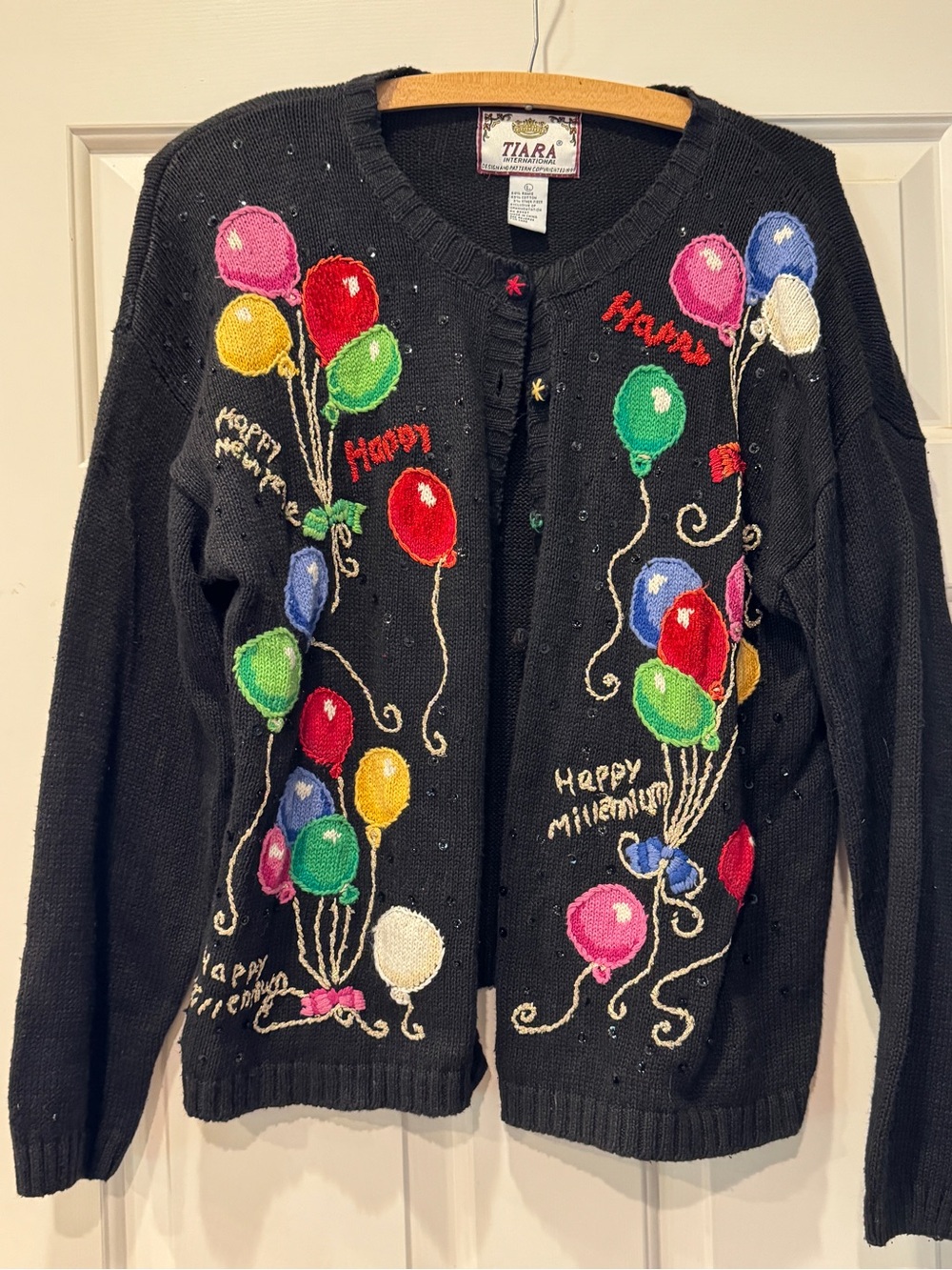 Tiara Black Balloon Embroidered Cardigan with Multicolor Accents